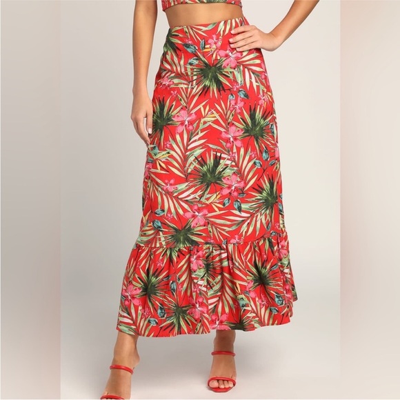 LULUS Island Experience Tropical Floral Ruffle Midi Skirt - Size Large - NWT - Picture 12 of 13